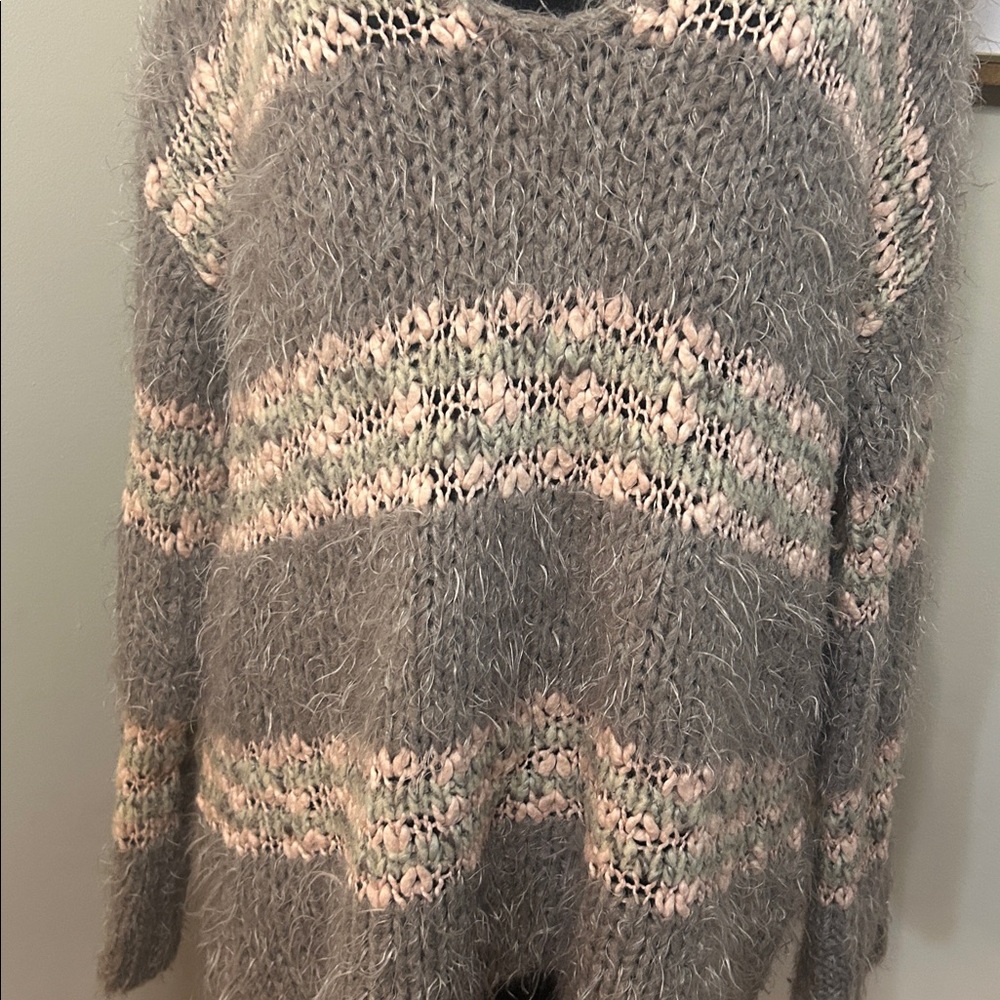 Free People | Linus Striped Eyelash Wool Blend Sweater Gray Pink-Size medium - Picture 2 of 6
